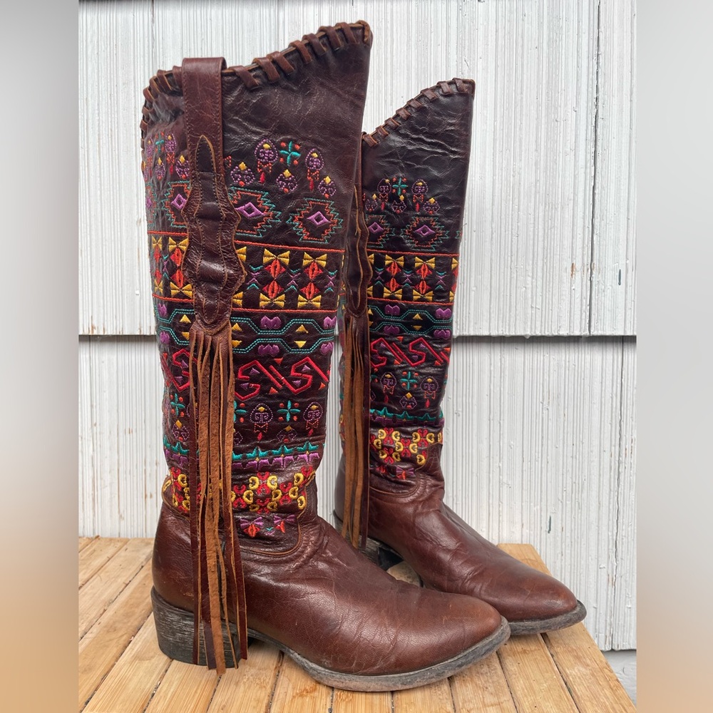 Johnny Ringo Sagrada Collection Brown Multicolor Embroidered Boot with Fringe